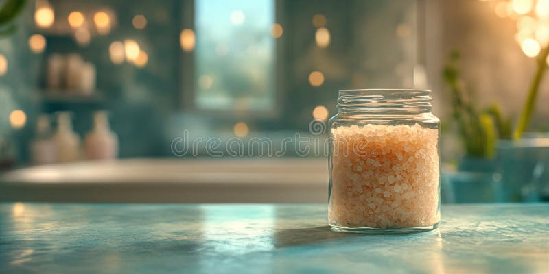 Стеклянная банка с солями для ванн на фоне уютной ванной комнаты. Мягкое освещение и полотенца создают атмосферу комфорта и самоощ стоковое изображение