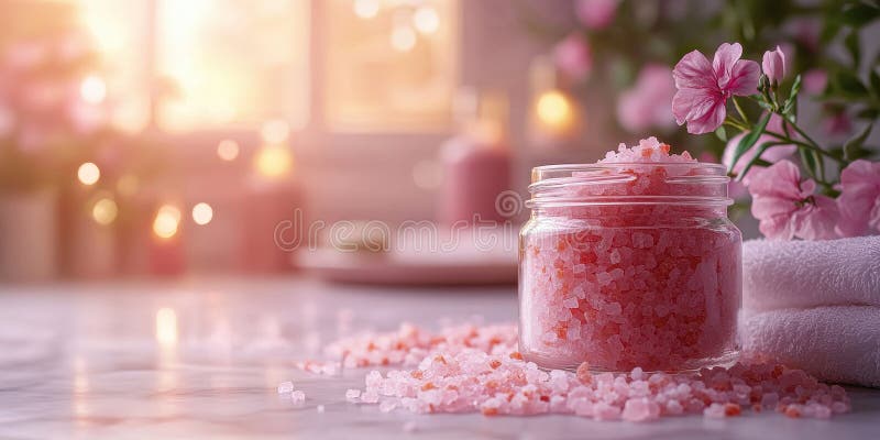Стеклянная банка с солями для ванн на фоне уютной ванной комнаты. Мягкое освещение и полотенца создают атмосферу комфорта и самоощ стоковая фотография rf