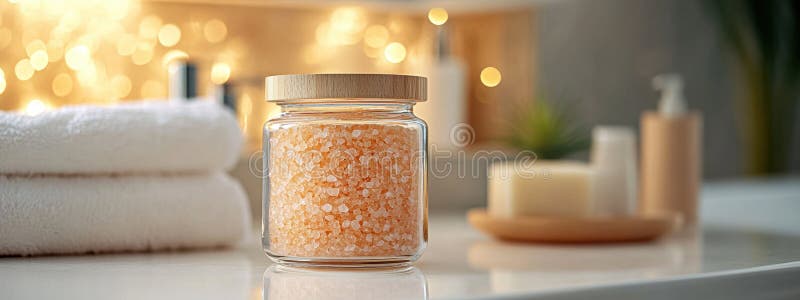 Стеклянная банка с солями для ванн на фоне уютной ванной комнаты. Мягкое освещение и полотенца создают атмосферу комфорта и самоощ стоковая фотография