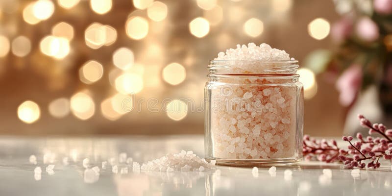 Стеклянная банка с солями для ванн на фоне уютной ванной комнаты. Мягкое освещение и полотенца создают атмосферу комфорта и самоощ стоковые изображения rf