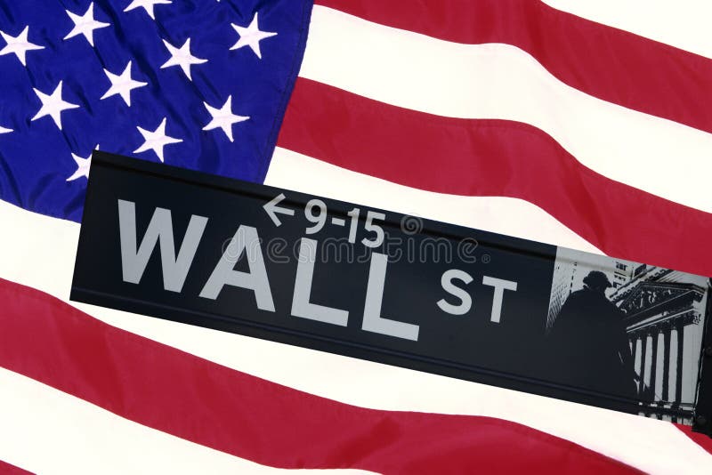 Wall street sign in front of the United States Flag. Wall street sign in front of the United States Flag