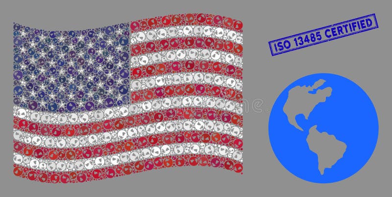 Стилизация мирового глобуса и сертифицированная печать ISO 13485 иллюстрация вектора Стилизация мирового глобуса и сертифицированная печать ISO 13485 иллюстрация вектора