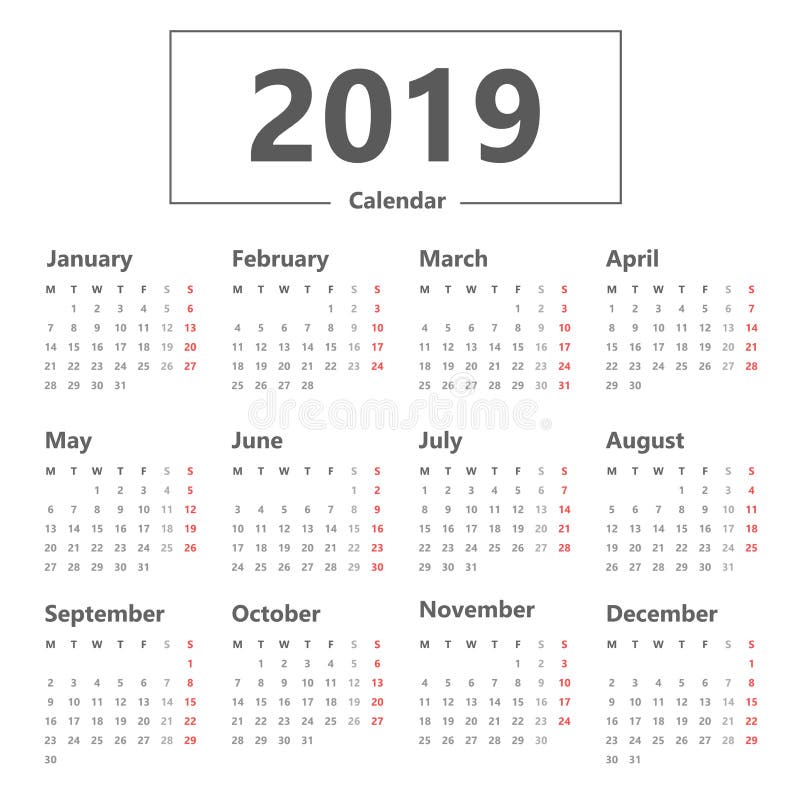 Стиль календаря 2019 простой Вектор на белой предпосылке Неделя начинает понедельник иллюстрация штока Стиль календаря 2019 простой Вектор на белой предпосылке Неделя начинает понедельник иллюстрация штока