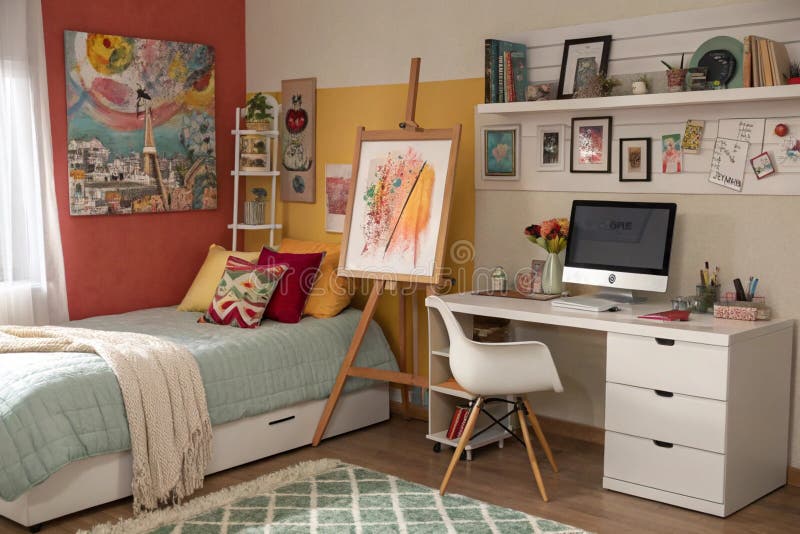 Стильный интерьер комнаты подростков с удобной компьютерной кроватью и краской иллюстрация штока