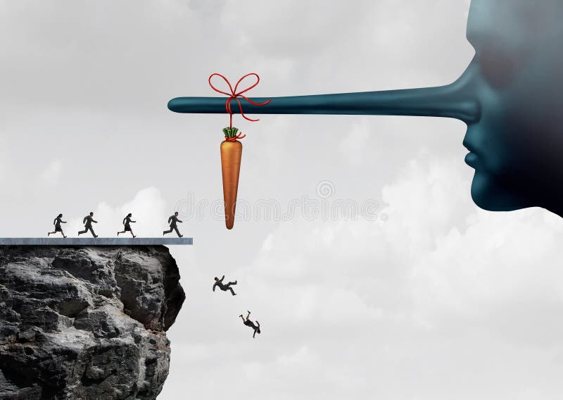 Incentive trap and corrupt leader business concept as a group of people running towards a carrot tied to a liar nose only to have been tricked and fooled into fall off a cliff as a metaphor for entrapment or bait trapping in a risky economy. Incentive trap and corrupt leader business concept as a group of people running towards a carrot tied to a liar nose only to have been tricked and fooled into fall off a cliff as a metaphor for entrapment or bait trapping in a risky economy.