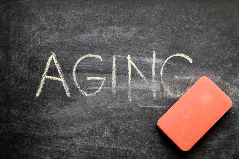 Erasing aging, hand written word on blackboard being erased concept. Erasing aging, hand written word on blackboard being erased concept