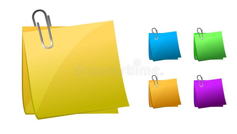 Different color Post its with paper clips over a white background. vector file also available. Different color Post its with paper clips over a white background. vector file also available