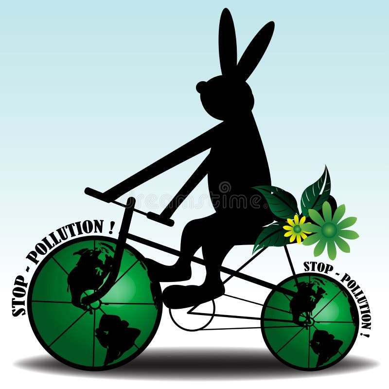 Funny illustration with rabbit riding a bicycle whose wheels are made from two earth globes. Stop pollution concept. Funny illustration with rabbit riding a bicycle whose wheels are made from two earth globes. Stop pollution concept