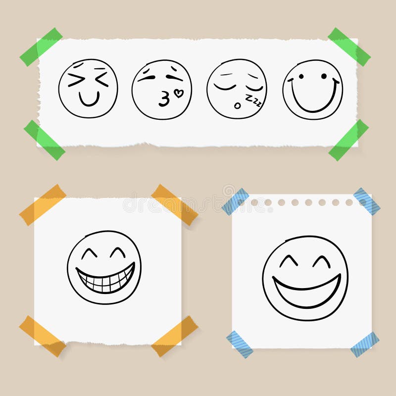 Стороны Smiley Doodle вектора нарисованные рукой на бумажных частях прикрепленных красочной лентой, комплектом иллюстрация вектора Стороны Smiley Doodle вектора нарисованные рукой на бумажных частях прикрепленных красочной лентой, комплектом иллюстрация вектора