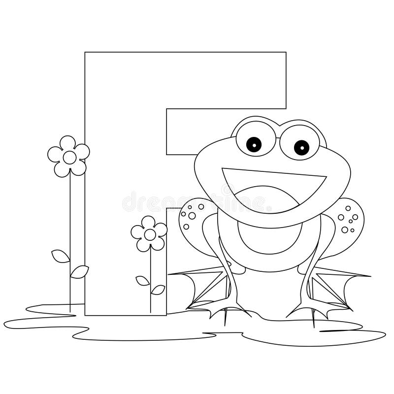 Illustration of alphabet letter F with a cute little Frog on water with beautiful flowers isolated on white background. Coloring book page F is for Frog. Illustration of alphabet letter F with a cute little Frog on water with beautiful flowers isolated on white background. Coloring book page F is for Frog