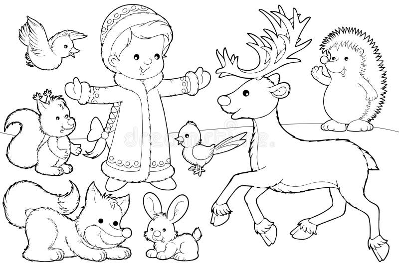 Black-and-white illustration (coloring page): Snow Maiden and deer, hedgehog, hare, fox, squirrel and birds. Black-and-white illustration (coloring page): Snow Maiden and deer, hedgehog, hare, fox, squirrel and birds