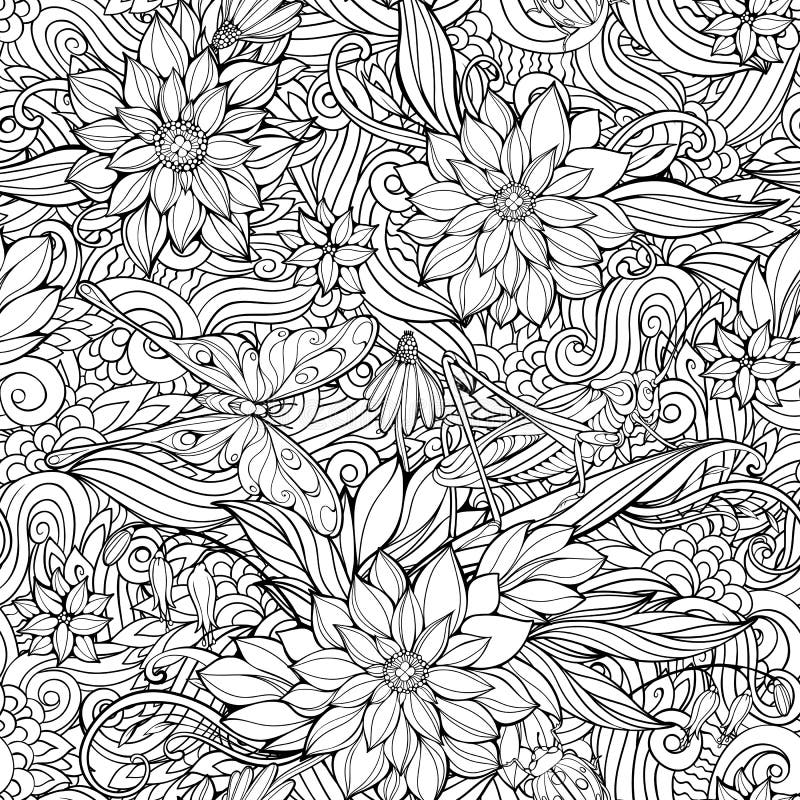 Coloring page with seamless pattern of flowers, butterflies and grasshoppers. Coloring page with seamless pattern of flowers, butterflies and grasshoppers.