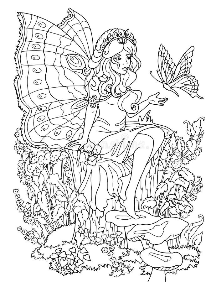Digital coloring page of the fairy for kids and adults for stress relief. Digital coloring page of the fairy for kids and adults for stress relief