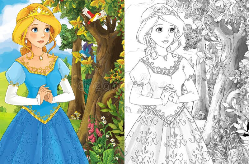 Beautiful fairy tale coloring page with preview for kids. Beautiful fairy tale coloring page with preview for kids