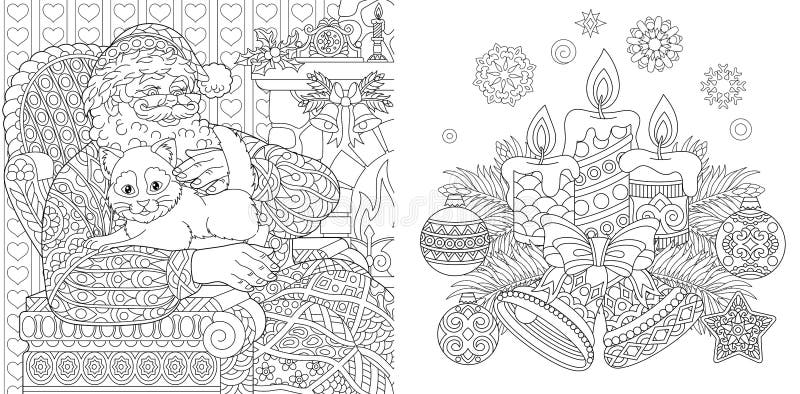 Christmas Colouring Pages. Coloring Book for adults. Santa Claus with a cat. New Year background with vintage ornaments. Christmas Colouring Pages. Coloring Book for adults. Santa Claus with a cat. New Year background with vintage ornaments