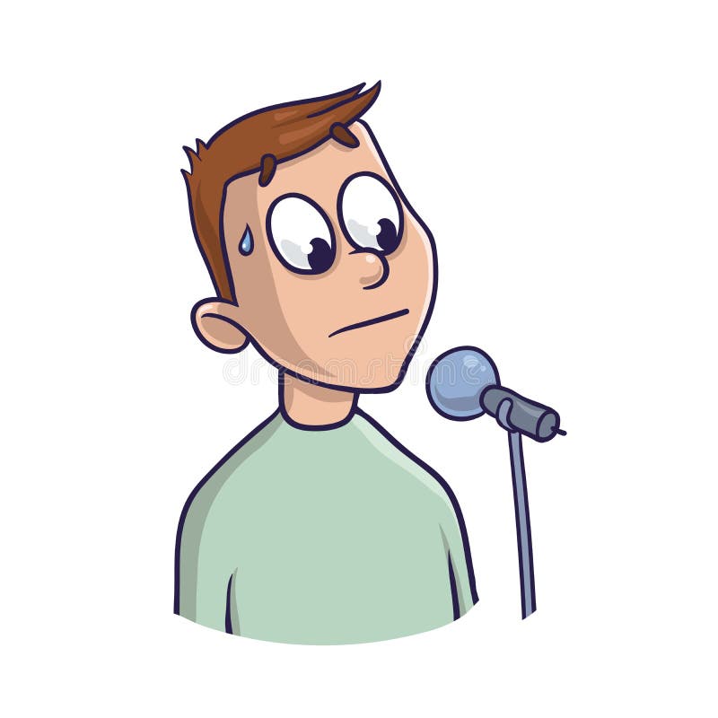 Fear of public speaking, glossophobia. Excitement and loss of voice. Young man with microphone. Vector illustration, isolated on white background. Fear of public speaking, glossophobia. Excitement and loss of voice. Young man with microphone. Vector illustration, isolated on white background.