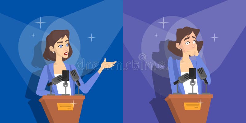 Fear of public speaking or glossphobia. Woman is afraid of giving presentation to the audience. Social anxiety and mental health disorder. Psychology concept. Isolated flat vector illustration. Fear of public speaking or glossphobia. Woman is afraid of giving presentation to the audience. Social anxiety and mental health disorder. Psychology concept. Isolated flat vector illustration