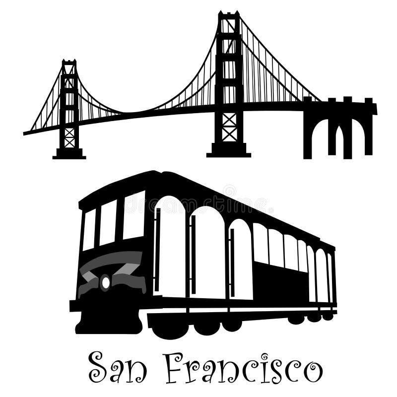 San Francisco Golden Gate Bridge and Cable Car Trolley Illustration Black and White. San Francisco Golden Gate Bridge and Cable Car Trolley Illustration Black and White
