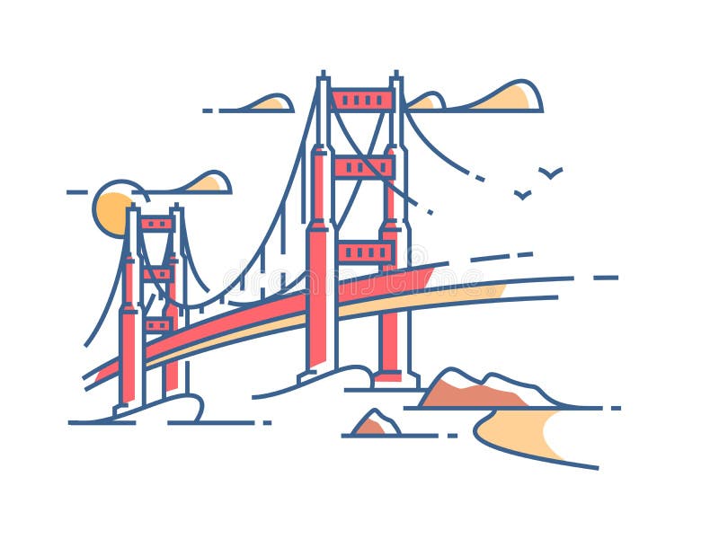 Golden Gate Bridge to San Francisco for crossing bay. Vector illustration. Golden Gate Bridge to San Francisco for crossing bay. Vector illustration