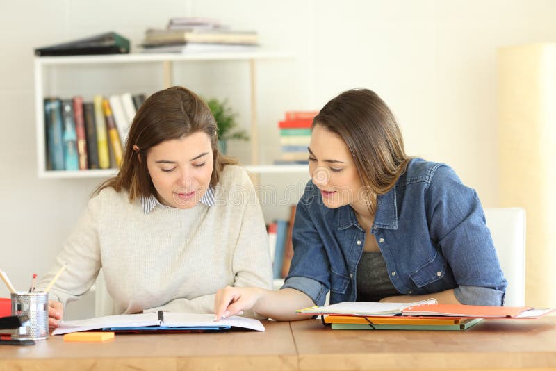 Two concentrated students learning together on a desktop at home. Two concentrated students learning together on a desktop at home