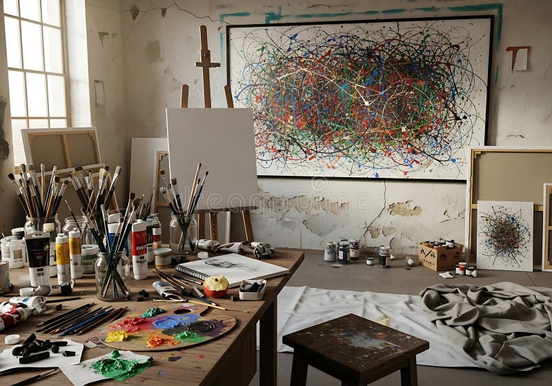 Художественная мастерская, абстрактная картина, мольберт, кисти и палитра бесплатная иллюстрация