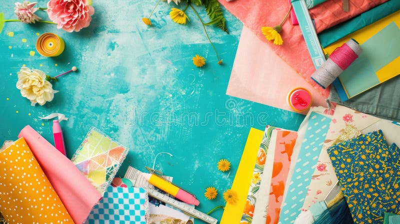 A table decorated with paper flowers, craft supplies, and colorful textiles in shades of green, azure, orange, yellow, and aqua. The vibrant electric blue patterns add an artistic touch AI generated. A table decorated with paper flowers, craft supplies, and colorful textiles in shades of green, azure, orange, yellow, and aqua. The vibrant electric blue patterns add an artistic touch AI generated