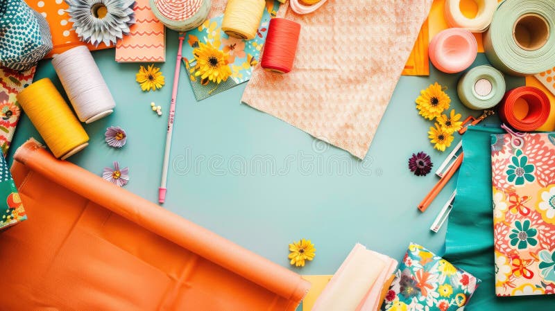 A table decorated with paper flowers, craft supplies, and colorful textiles in shades of green, azure, orange, yellow, and aqua. The vibrant electric blue patterns add an artistic touch AI generated. A table decorated with paper flowers, craft supplies, and colorful textiles in shades of green, azure, orange, yellow, and aqua. The vibrant electric blue patterns add an artistic touch AI generated