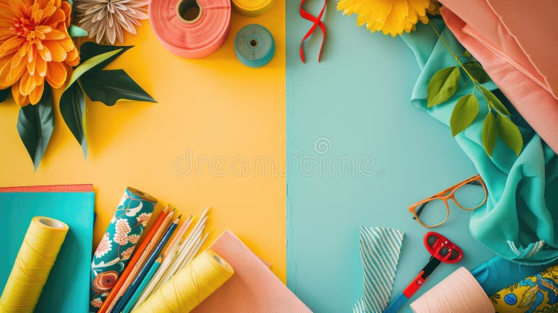 A table decorated with paper flowers, craft supplies, and colorful textiles in shades of green, azure, orange, yellow, and aqua. The vibrant electric blue patterns add an artistic touch AI generated. A table decorated with paper flowers, craft supplies, and colorful textiles in shades of green, azure, orange, yellow, and aqua. The vibrant electric blue patterns add an artistic touch AI generated