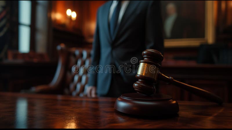 судьи пачкают деревянным камнем на отполированной поверхности стола с фигурой на заднем плане иллюстрация штока