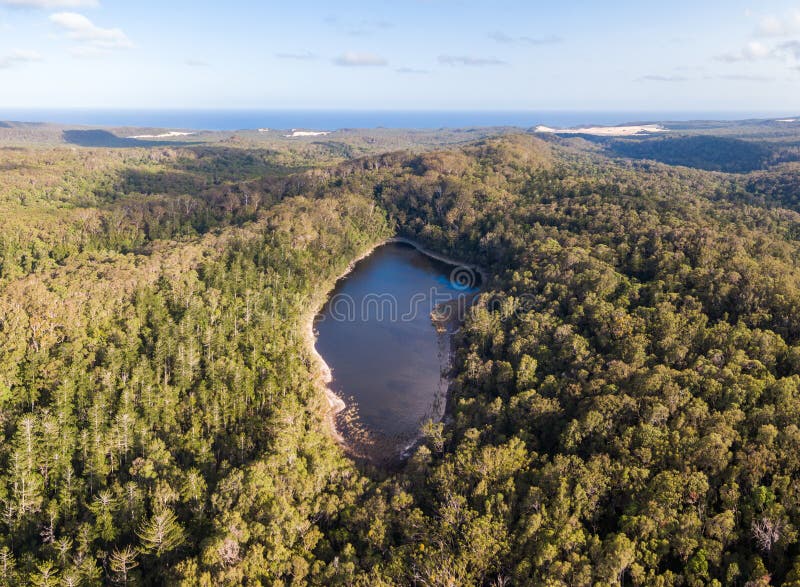 Super resolution stitched panorama - High angle aerial drone view of Lake Allom, one of the famous fresh water lakes Fraser Island, Queensland, Australia.The lake is popular for its freshwater turtles. Super resolution stitched panorama - High angle aerial drone view of Lake Allom, one of the famous fresh water lakes Fraser Island, Queensland, Australia.The lake is popular for its freshwater turtles