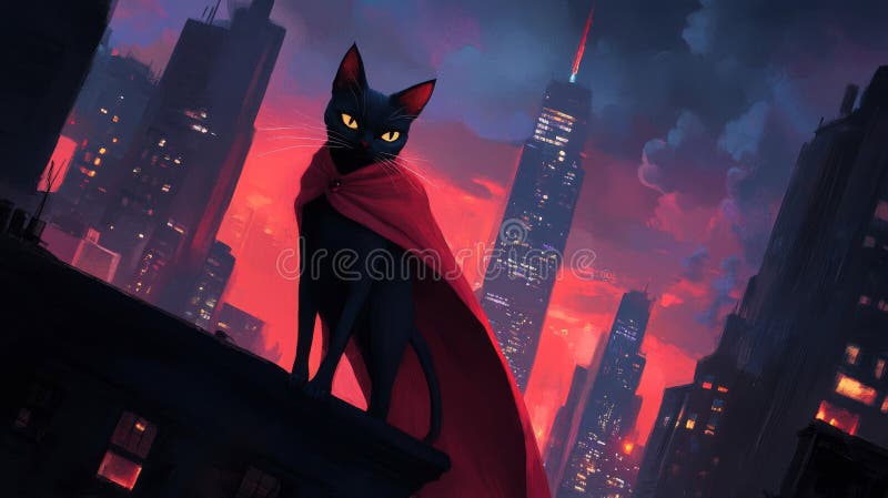 Супергерой Черного кота на крыше города ночью иллюстрация вектора