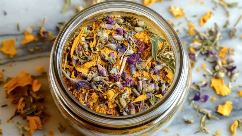 Сушеные травы и смешивание цветов в стеклянном Jar иллюстрация штока