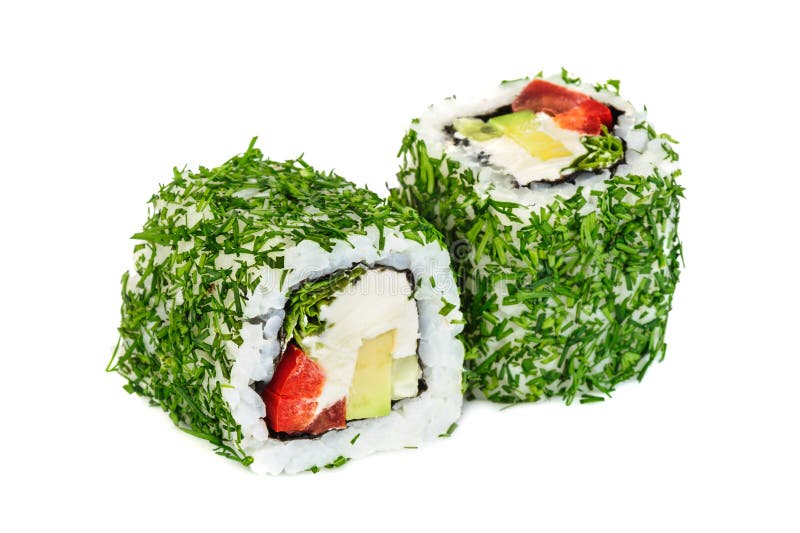 Суши maki Uramaki vegetable с укропом, 2 кренами на белизне стоковое фото rf Суши maki Uramaki vegetable с укропом, 2 кренами на белизне стоковое фото rf