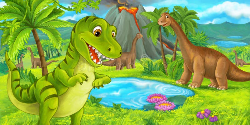 Сцена мультфильма со счастливым rex тиранозавра динозавра около извергать вулкан и диплодока бесплатная иллюстрация