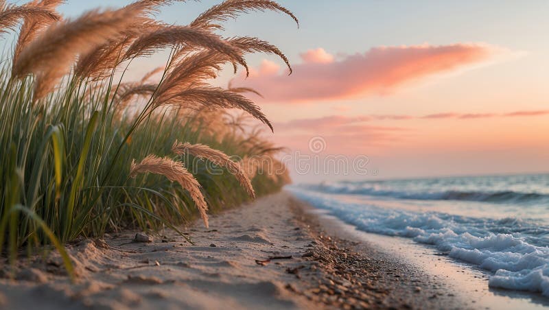 Сцена на пляже Serene Sunset с травой Pampas иллюстрация штока