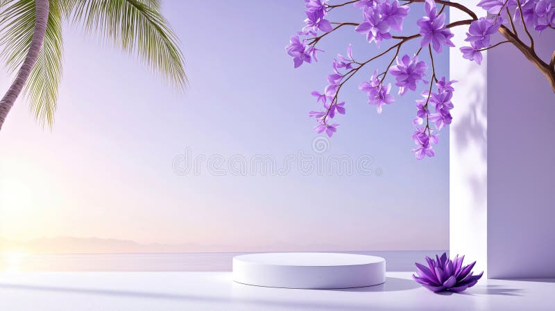 Сцена на пляже Serene Sunset с яркими фиолетовыми цветами и элегантным дисплеем на платформе иллюстрация штока