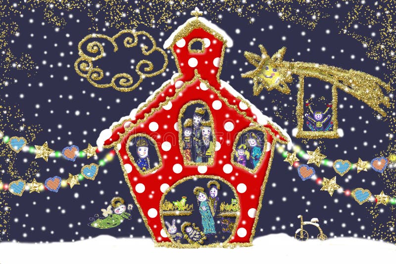 Сцена рождества в красивой карточке xmas церков иллюстрация вектора