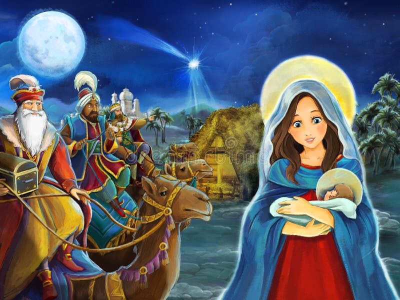 Сцена шаржа с королями Mary и Иисуса Христоса и путешествовать бесплатная иллюстрация
