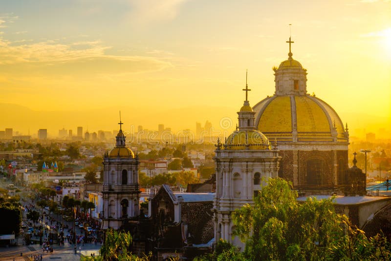 Scenic view at Basilica of Guadalupe with Mexico city skyline at sunset, Mexico. Scenic view at Basilica of Guadalupe with Mexico city skyline at sunset, Mexico