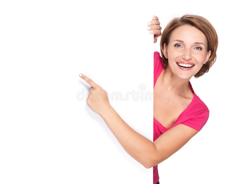 Happy woman pointing with her finger on banner isolated on white background. Happy woman pointing with her finger on banner isolated on white background