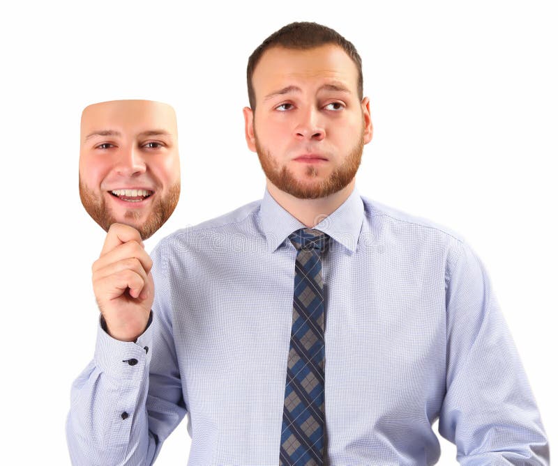 Young man holding happy mask. Young man holding happy mask