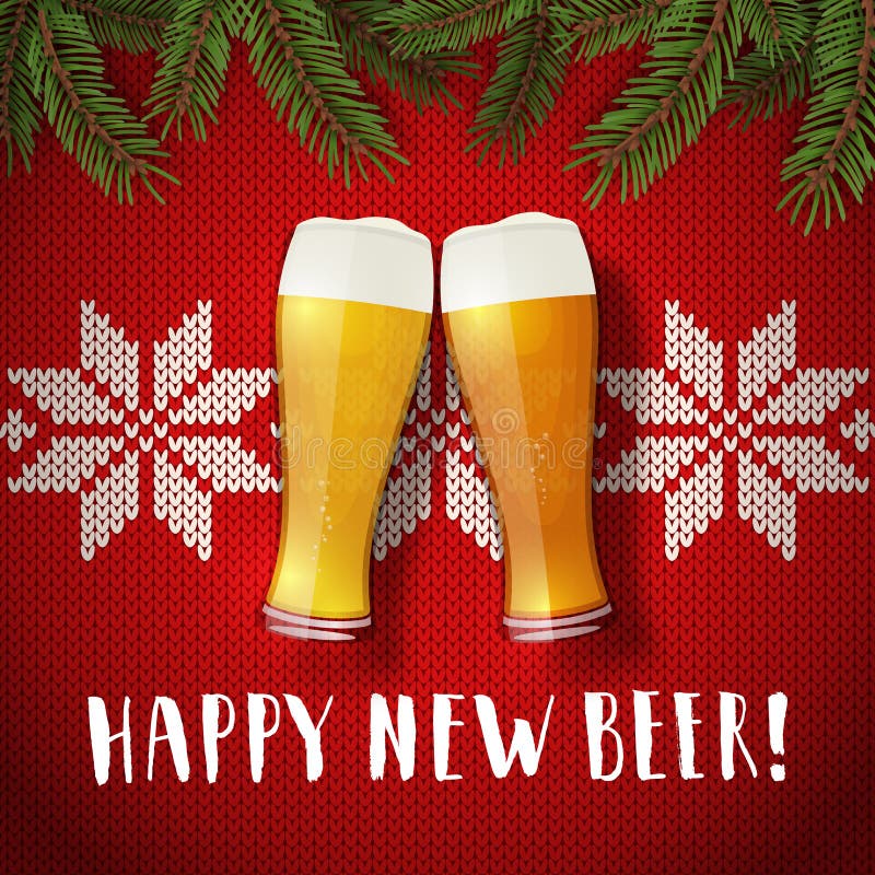 Happy new beer glasses poster on a christmas sweater background. Vector greeting card with two glasses of beer, spruce branches, and scandinavian knit pattern. Hand drawn lettering congratulation. Happy new beer glasses poster on a christmas sweater background. Vector greeting card with two glasses of beer, spruce branches, and scandinavian knit pattern. Hand drawn lettering congratulation