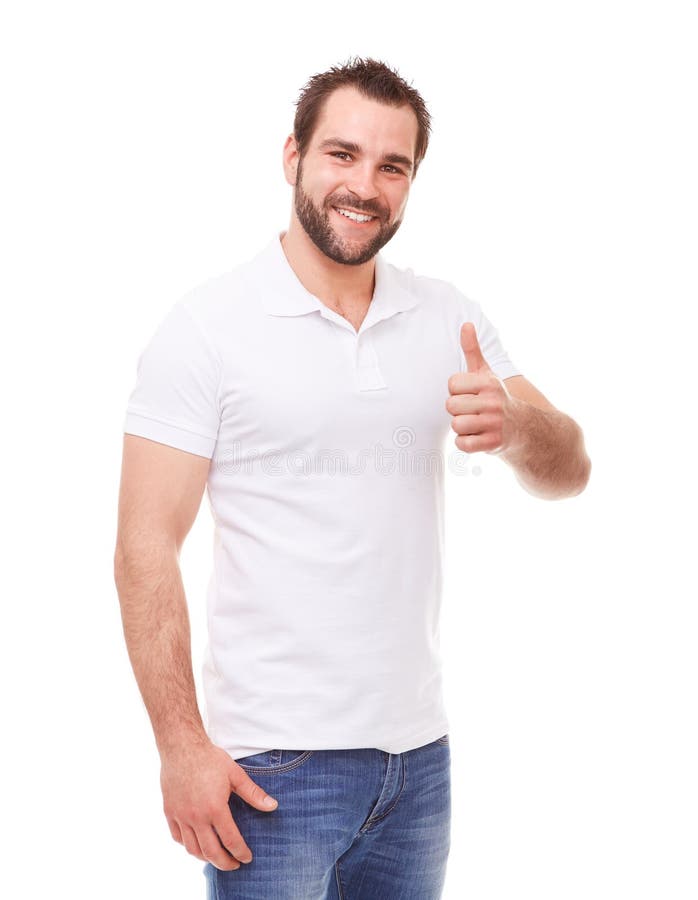 Happy man makes a gesture thumb up, portrait on white background. Happy man makes a gesture thumb up, portrait on white background