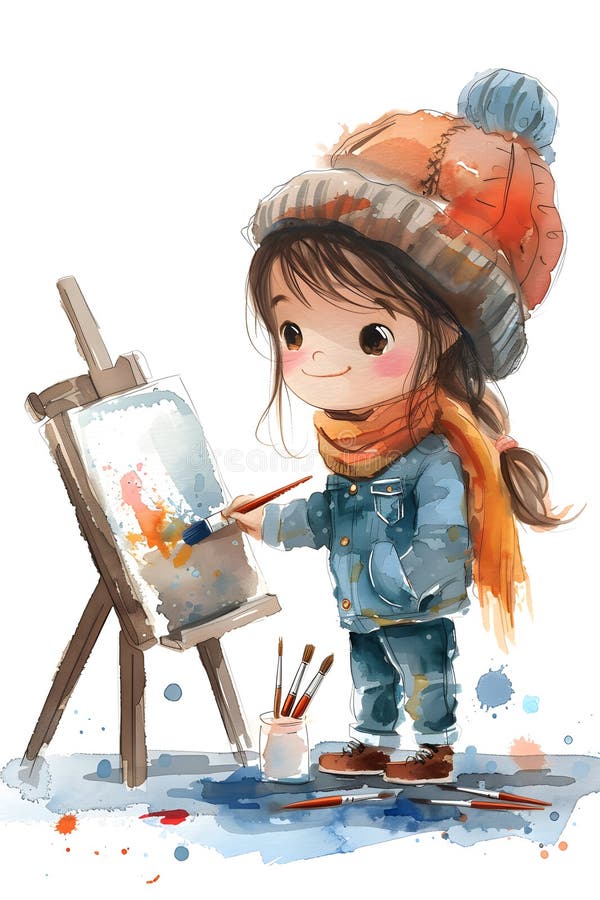 A happy little girl is creating a cartoon painting on an easel using water colors. Her gestures show her love for art and drawing illustrations in visual arts AI generated. A happy little girl is creating a cartoon painting on an easel using water colors. Her gestures show her love for art and drawing illustrations in visual arts AI generated