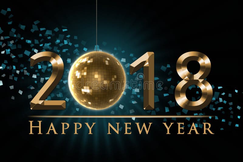 Счастливая иллюстрация Нового Года 2018, карточка с золотое 2018, шарик кануна ` s Нового Года диско, глобус, красочный confetti иллюстрация штока Счастливая иллюстрация Нового Года 2018, карточка с золотое 2018, шарик кануна ` s Нового Года диско, глобус, красочный confetti иллюстрация штока