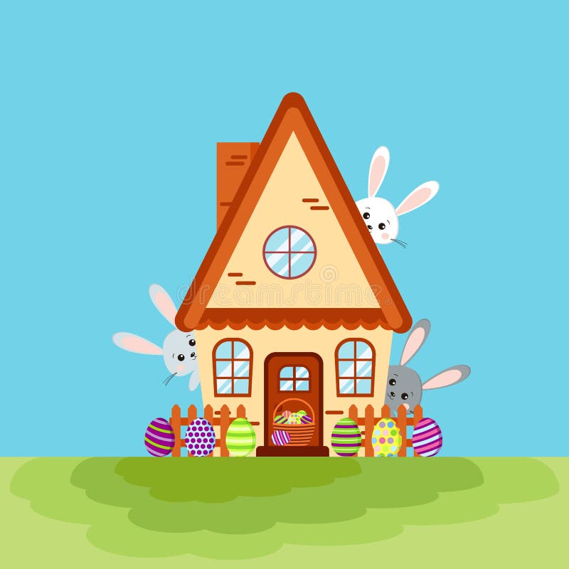 Счастливая карта дома пасхи с 3 зайчиками peeking из дома иллюстрация штока Счастливая карта дома пасхи с 3 зайчиками peeking из дома иллюстрация штока