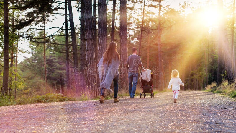 Счастливая молодая семья принимая прогулку в парке, задний взгляд Семья держа руки идя совместно вдоль forrest пути с их daughte