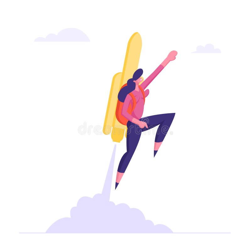Счастливая муха бизнес-леди или менеджера на Jetpack к достижению цели Девушка с Ракетой на уровне задней достигаемости новом иллюстрация штока Счастливая муха бизнес-леди или менеджера на Jetpack к достижению цели Девушка с Ракетой на уровне задней достигаемости новом иллюстрация штока