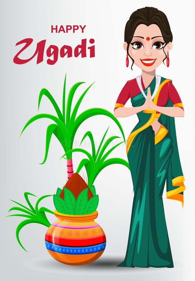 Счастливая поздравительная открытка Ugadi с красивой индийской женщиной и украшенным Kalash бесплатная иллюстрация Счастливая поздравительная открытка Ugadi с красивой индийской женщиной и украшенным Kalash бесплатная иллюстрация
