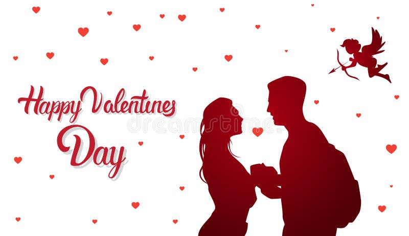 Счастливая предпосылка дня валентинки, милая муха купидона над парами силуэта держа руки иллюстрация штока